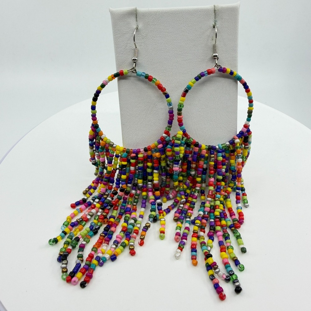 Vibrant Multi-Color Seed Bead Hoop Fringe Earrings - Boho Festival Jewelry